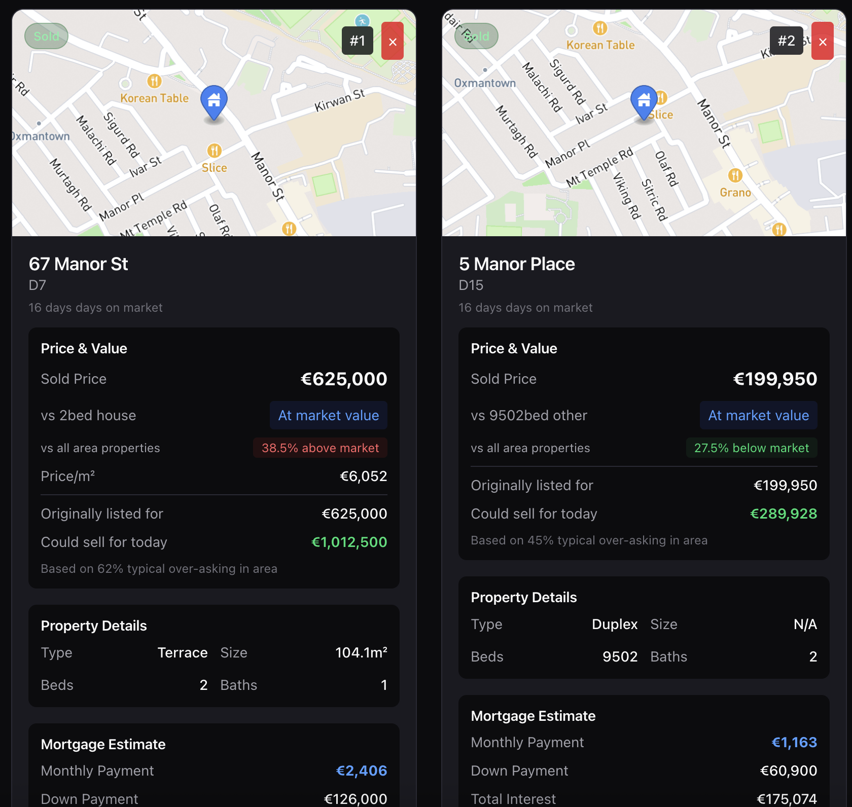 Comparison bar showing 2 properties selected