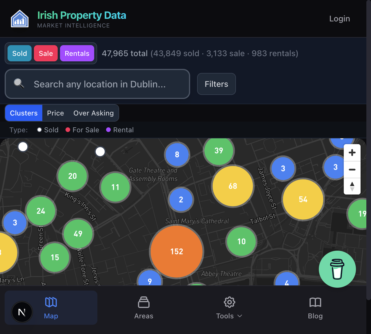 Map view showing Dublin property clusters